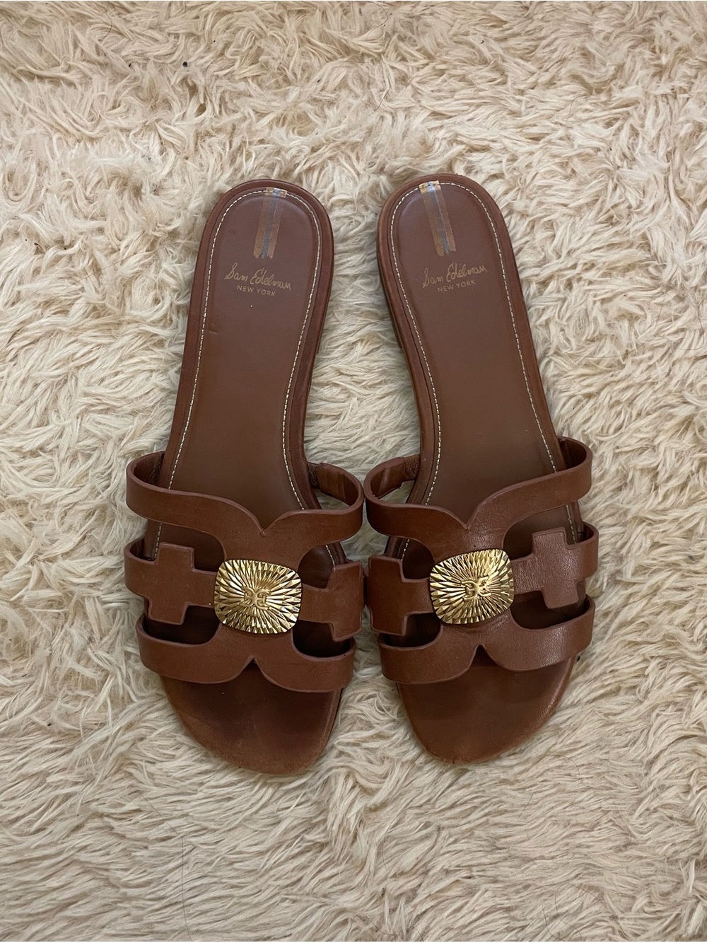 Sam Edelman Brown Leather Slide Sandals with Gold Medallion - Picture 2 of 4